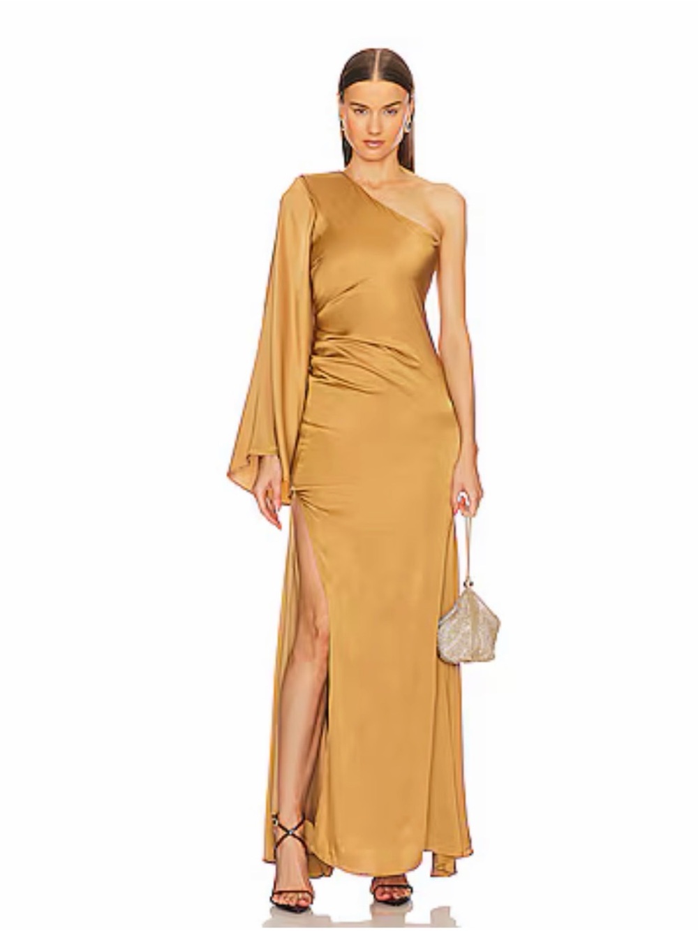 One-Shoulder Satin Gown in Gold